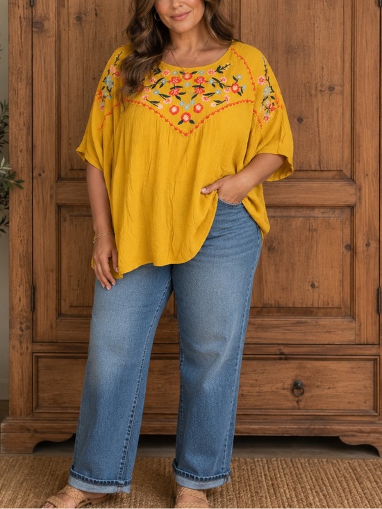 hailey &co Tops - Embroidered Boho Women’s Top - Mustard